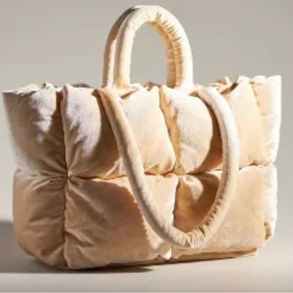 Anthropologie Velvet Puffer Tote Shoulder Bag Cream Tan Quilted Medium Size - Picture 8 of 8